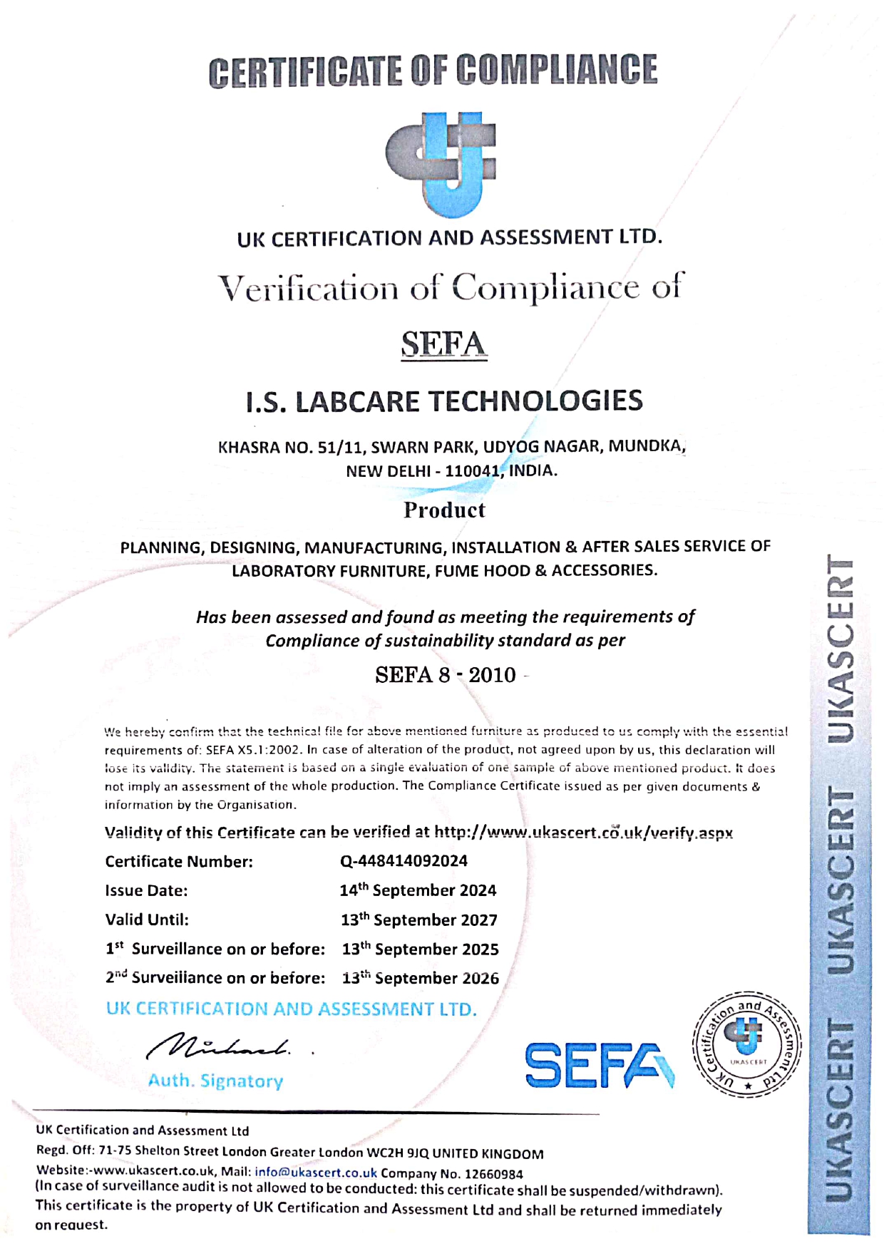 SEFA Certificate of Compliance - I.S. LabCare Technologies